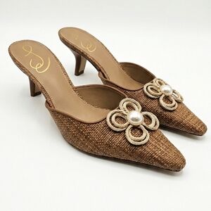 NIB Sam Edelman Brit Tour Raffia Mule Heels Pearl Flower 5.5 Pointed Toe